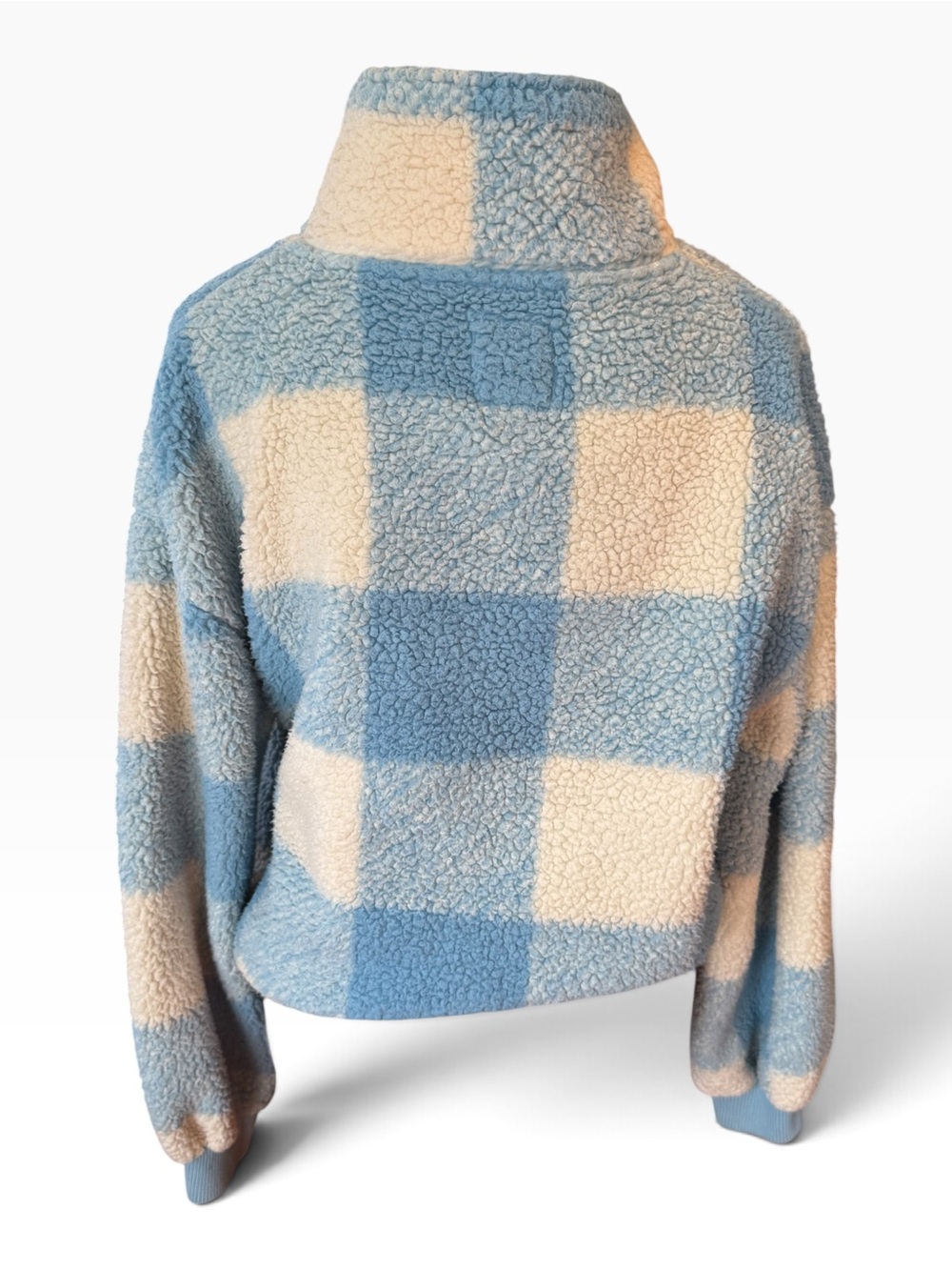 Billabong Blue Cream Buffalo Plaid Sherpa Half Zip Pullover Size Medium - Picture 4 of 9